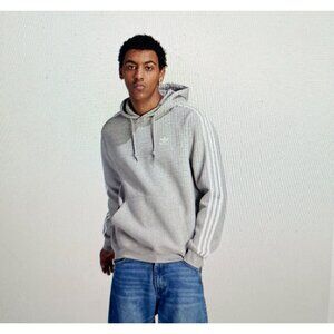 Adidas Gray Hooded Sweatshirt M Mens With White Stripes & Logo
